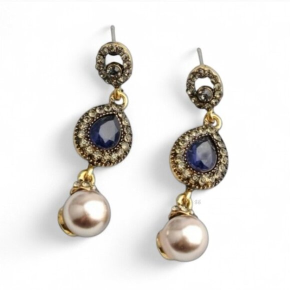 Vtg Style Boho Ethnic Water-drop Crystal Rhinestone Faux Pearl Dangling Earrings - Picture 13 of 14